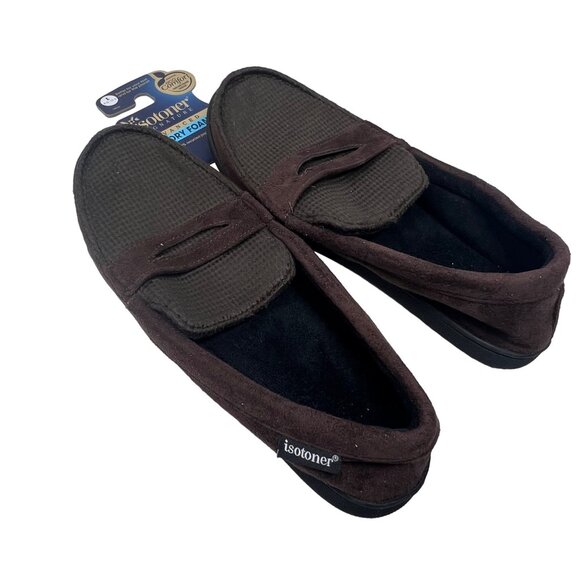 Isotoner Mens Slippers Size Large 9.5-10.5 Coffee Brown Memory Foam Durable Sole - Picture 1 of 4